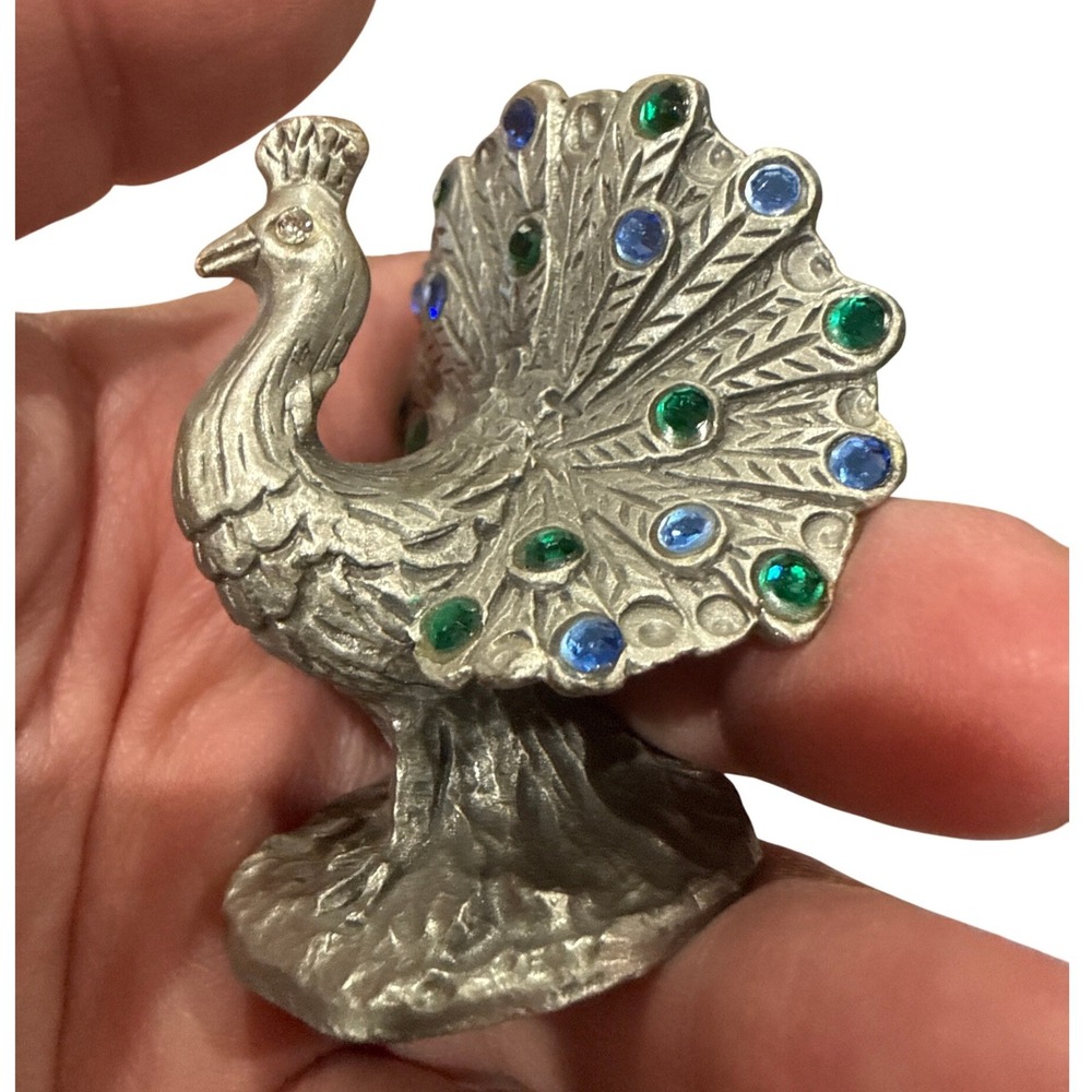 Vintage Pewter Peacock Figurine Miniature Blue Green Rhinestone Jewel Tail - Picture 2 of 13